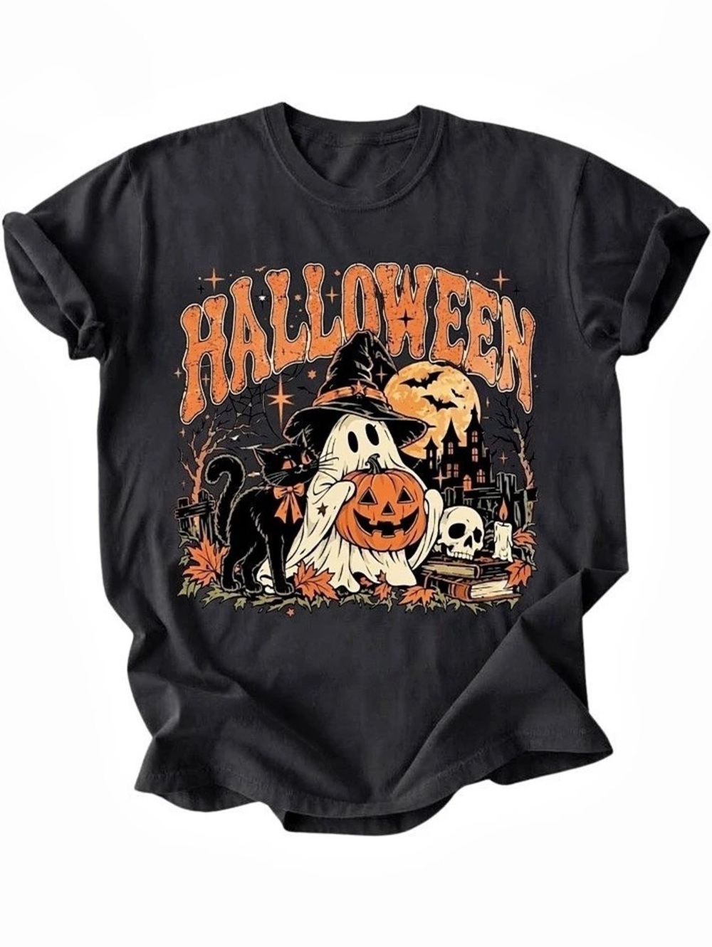 Spooky Halloween Ghost Black Cat Pumpkin Moon Gildan T-Shirt
